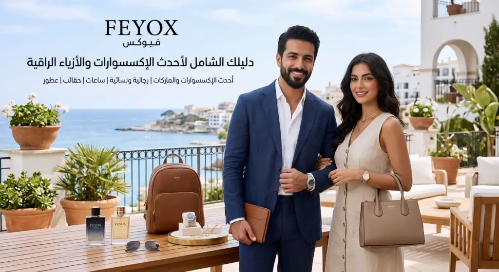 إعلان لمتجر فيوكس (FEYOX) للأزياء الراقية، يظهر رجل ببدلة كلاسيكية زرقاء وامتدت يده لتمسك يد امرأة بفستان صيفي بيج، مع عرض لمجموعة من الإكسسوارات الرجالية والنسائية: حقيبة يد جلدية، حقيبة ظهر، ساعات يد فاخرة، عطور، ونظارات شمسية على طاولة خشبية على شرفة تطل على ساحل البحر المتوسط