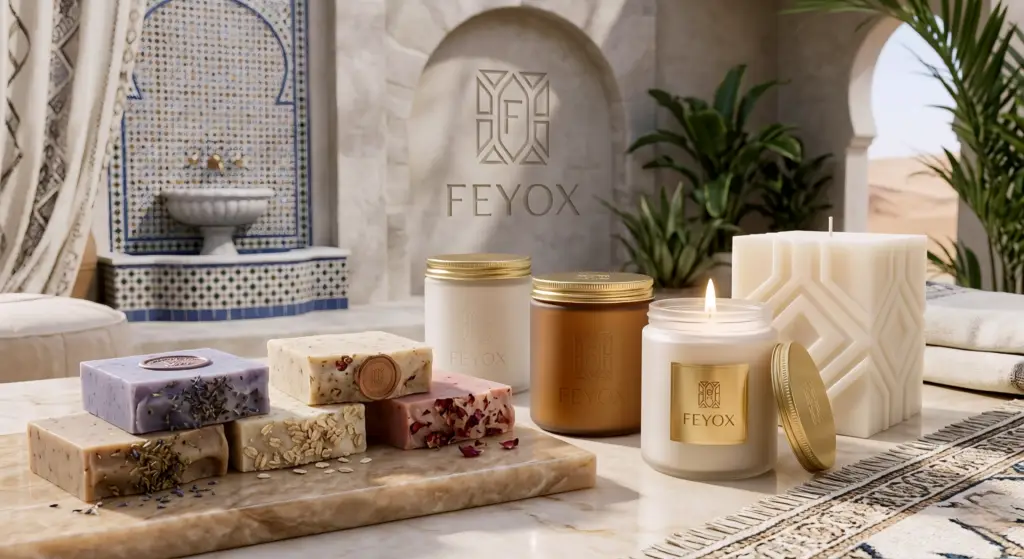 مجموعة فاخرة من الشمع المعطر شمع الصويا والصابون الطبيعي المصنوع يدوياً من متجر فايوكس FEYOX للعناية بالبشرة.